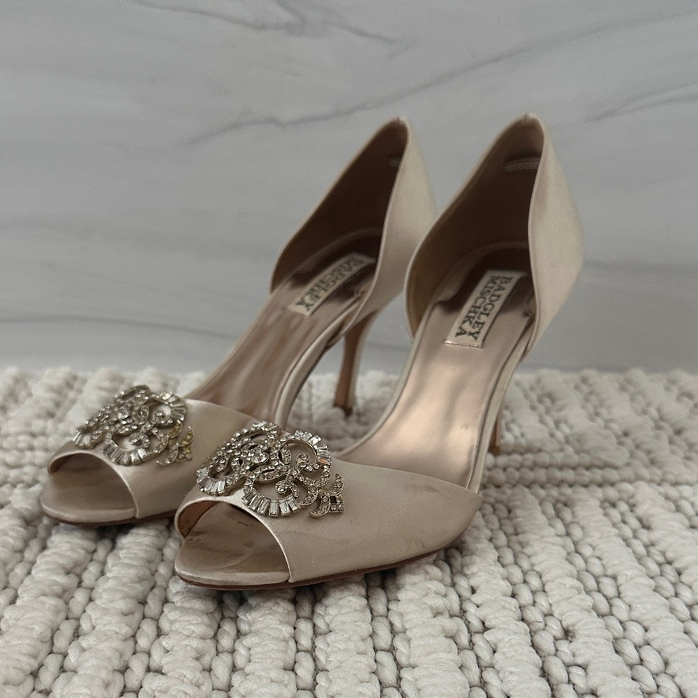 Badgley Mischka Champagne Satin Embellished D’Orsay Peep-Toe Heels
